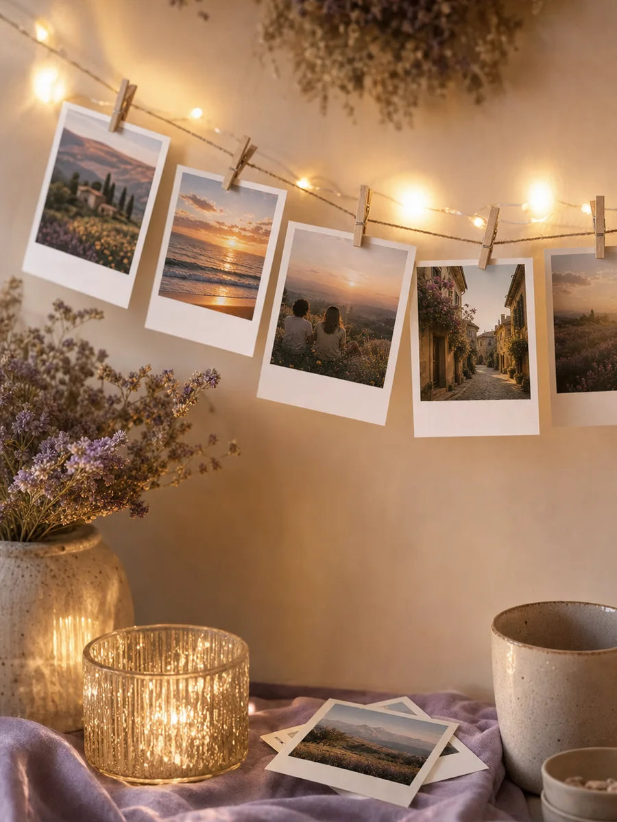 Фотогірлянда з Polaroid-знімків у теплому домашньому інтерʼєрі